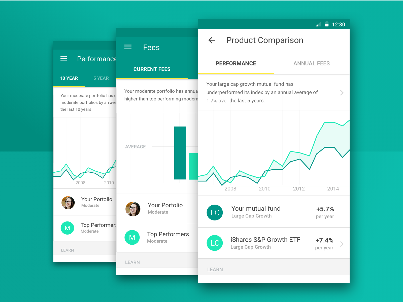 Draft mobile screens comparing portfolio performance, fees and investment products.