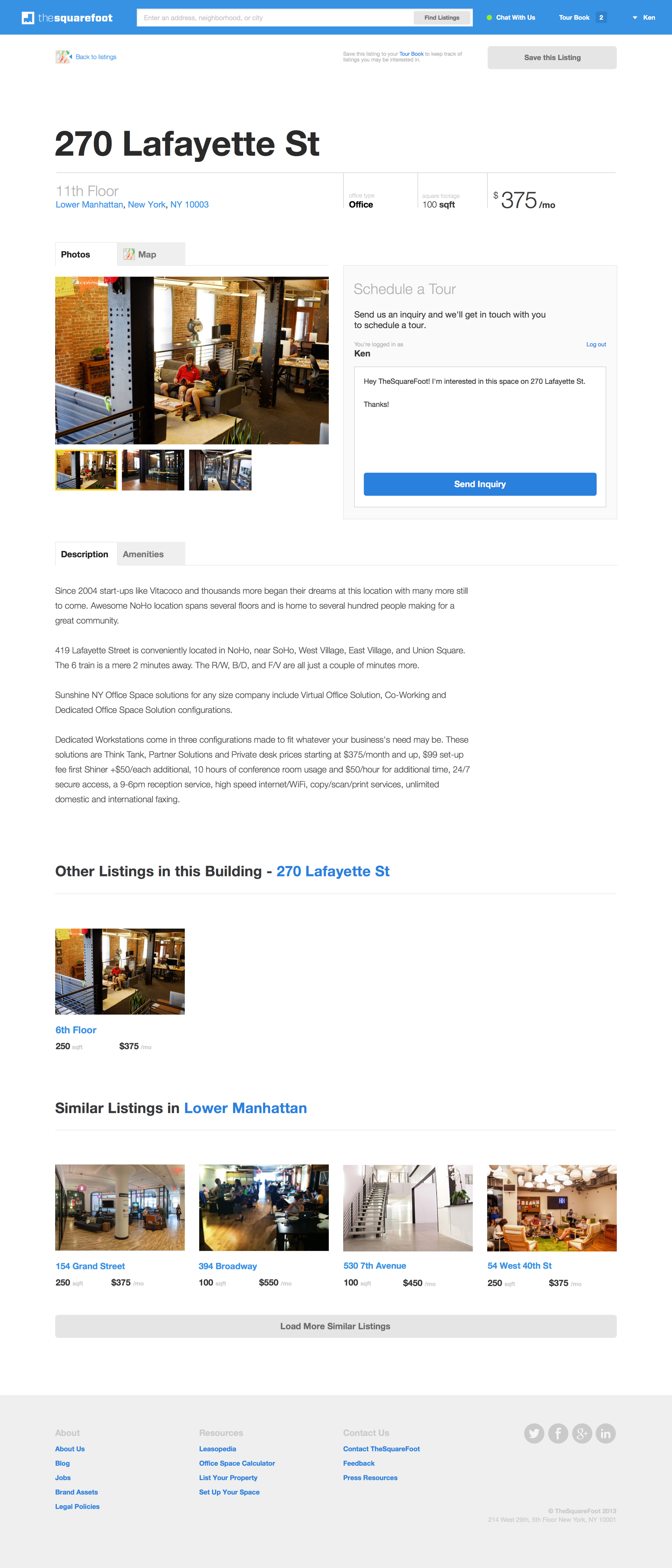 SquareFoot property listing with building information and available office spaces.