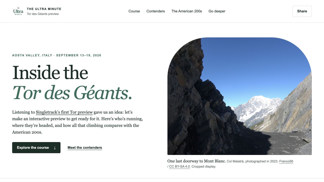 The published Tor des Géants preview with its introduction and a photograph of Col Malatrà.