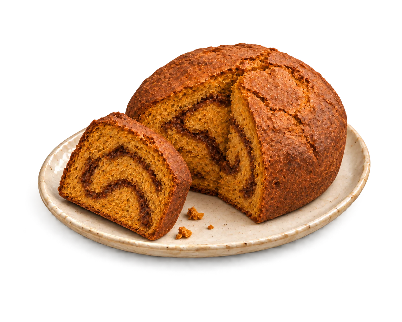 A round pumpkin-bread loaf on a cream ceramic dish, with cinnamon swirled inside the cut face and a slice set alongside it. An AI illustration.